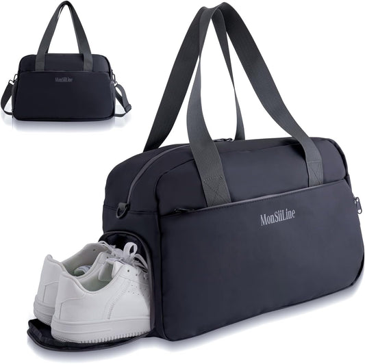Gym Bag for Women Men with Shoe Compartment, Waterproof Small Duffle Bag for Travel, Sports, Weekend Lightweight Carry On Tote Bag (Black)