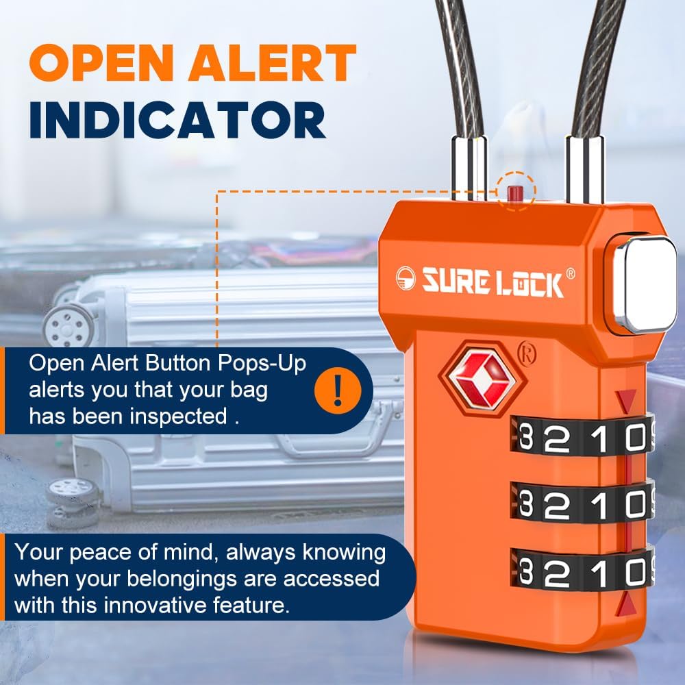 SURE LOCK TSA Approved 3-Digit Combination Luggage Locks – Open Alert Indicator, Re-settable Code with Zinc Alloy Body, Easy-Read Dials for Suitcase, Backpack, Gym Locker & Toolbox (Multiple Colors)