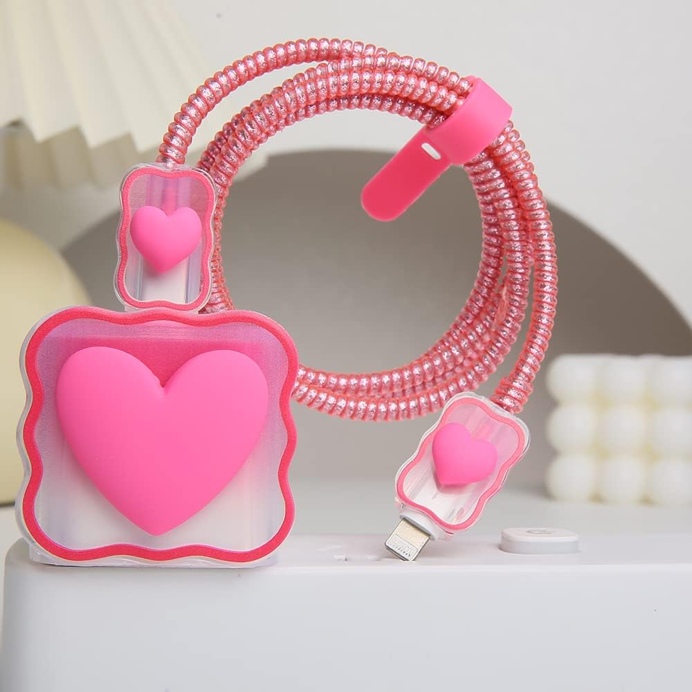 Compatible with iPhone 18W/20W USB-C Charger Cover Lovely 3D Love Heart Waves Clear Soft Charger Protector Cute Cable Saver for iPhone 11 12 13 14 Pro Max Fast Power Adapter, Rose 1 (5in1)