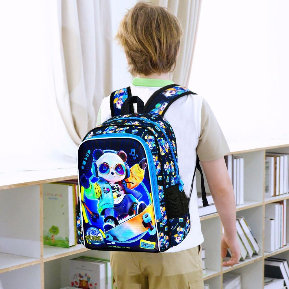 gxtvo 3PCS Panda Backpack for Boys, 16" Kids Bookbag with Lunch Box, Water Resistant Elementary Preschool Toddler School Bag
