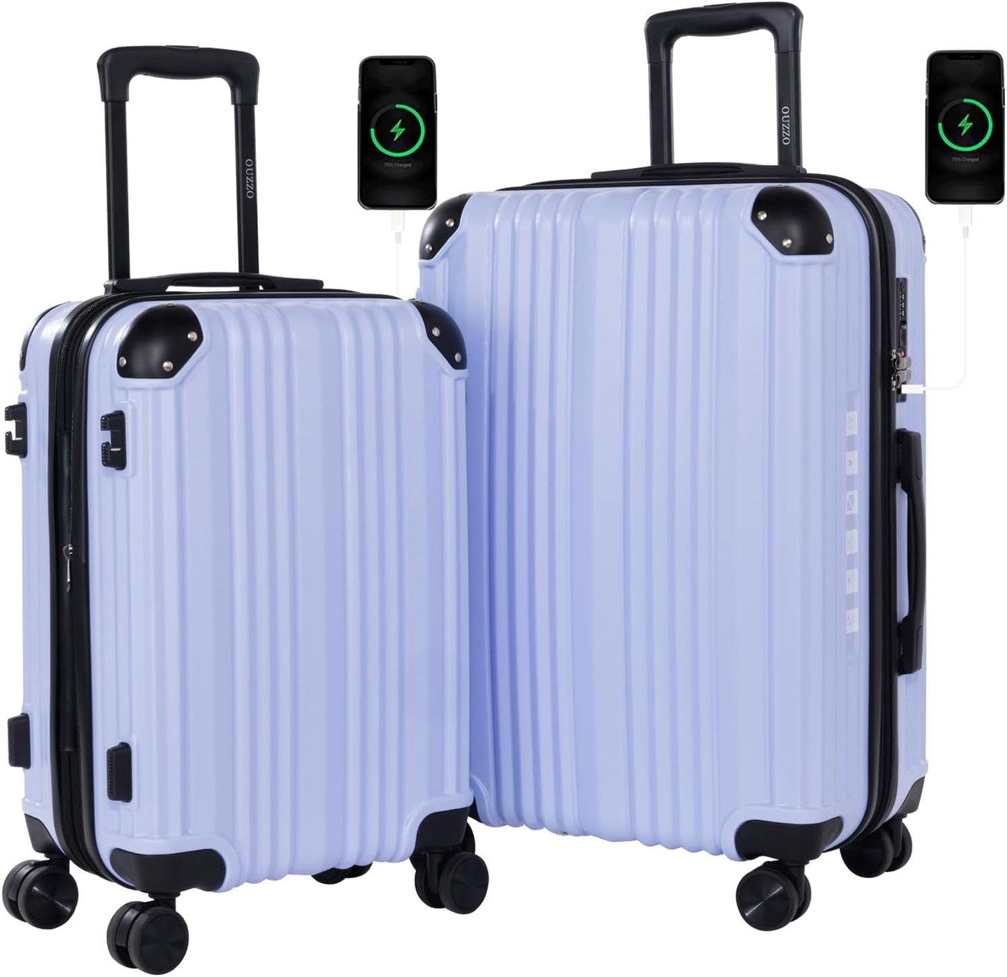 OUZZO 2-Piece Luggage Set 20/24 Inch – Hardshell Suitcases with Corner Protectors, Spinner Wheels, TSA-Approved Lock, USB Port – Expandable ABS+PC Travel Luggage for Business & Family Trips – Purple
