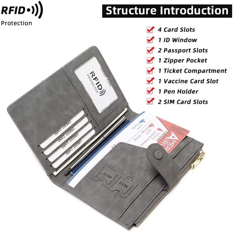 Mudono Passport and Card Holder for Women RFID Blocking Card Case Slim Travel Wallet Change Purse
