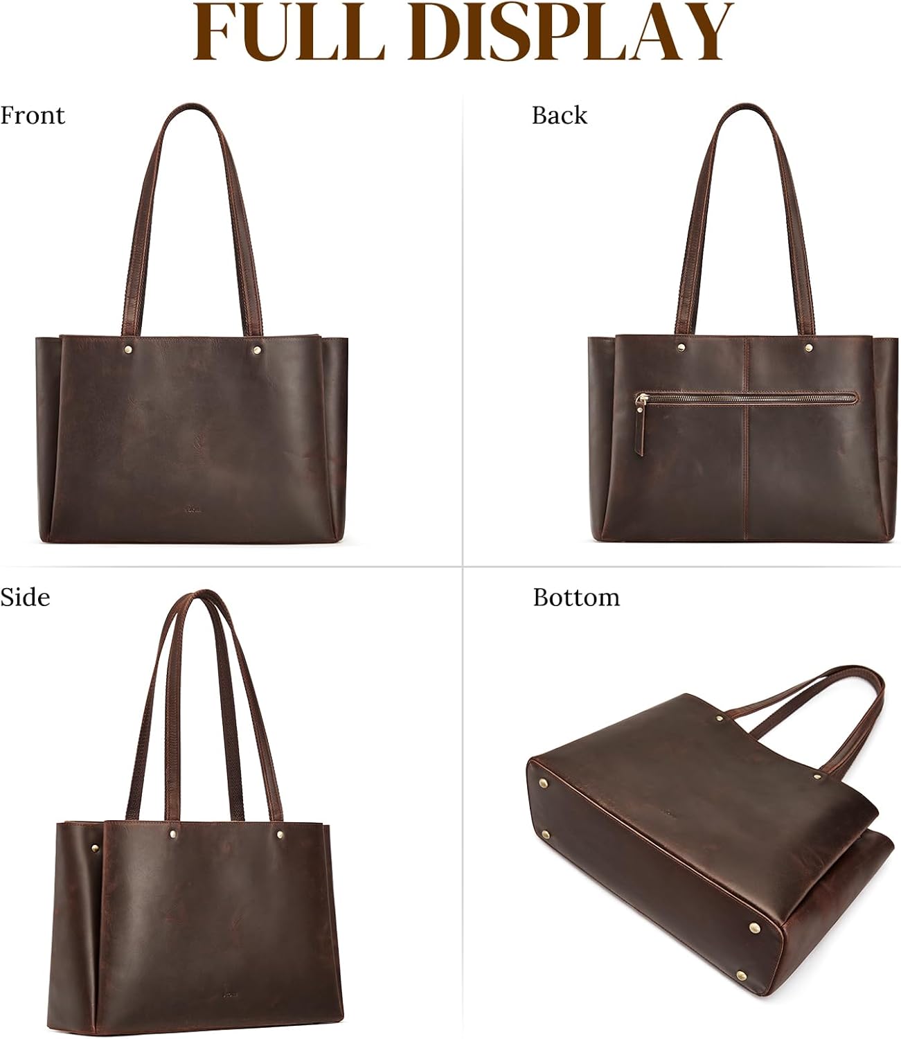S-ZONE Genuine Leather Tote Bag for Women Work Large Shoulder Handbag with Zipper Compartment for Travel Professional