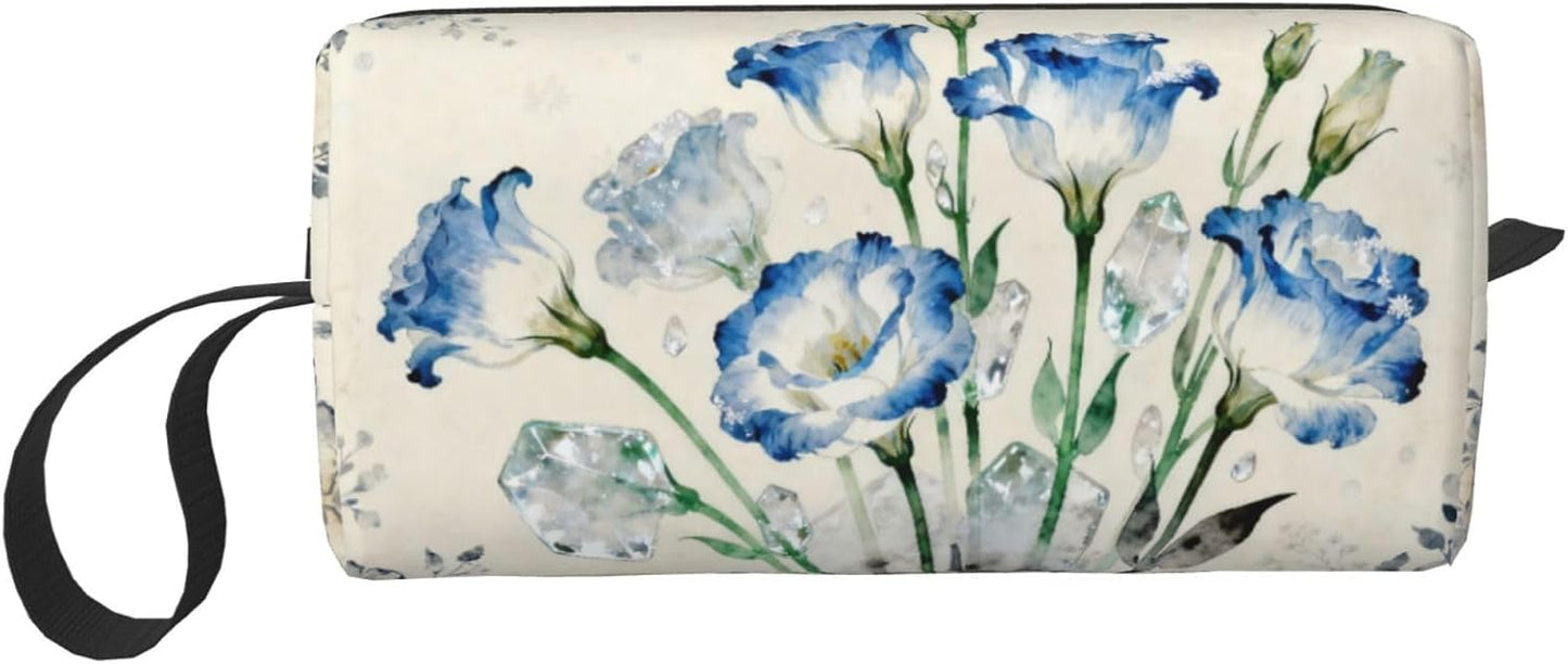 Blue Flower Crystals Makeup Bag Organizer Compact & Durable Floral Travel Cosmetic Bag Oxford Fabric Impact-Resistant Multi-Purpose Storage Perfect for Travel, Gym, Daily Use