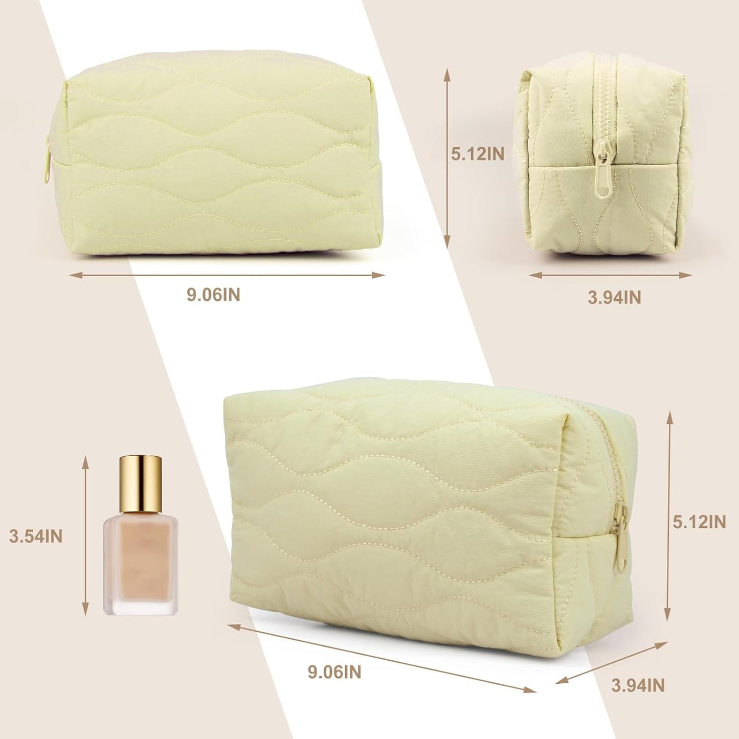 Make up Bag Travel Cosmetic Bag for Women Girls Zipper Puffy Padded Makeup Organizer Waterproof Portable Pouch Purse Lightweight Toiletry Accessories Storage Light Yellow