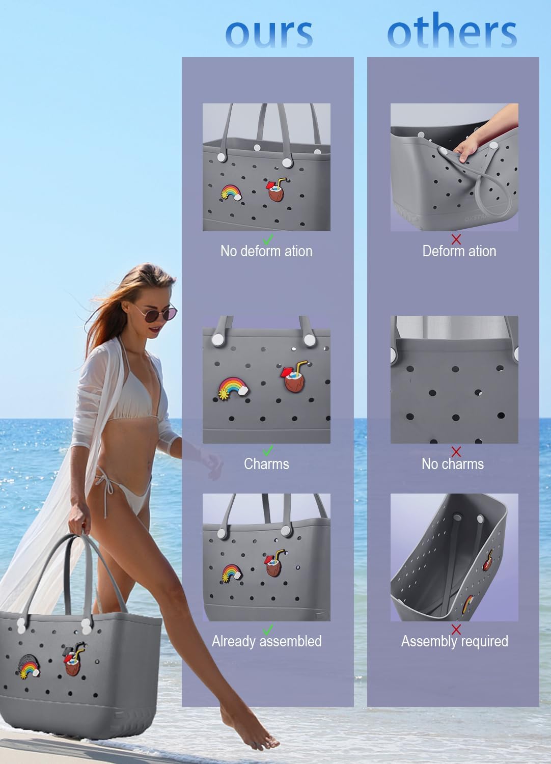 Beach Bag Rubber Tote Bag - Waterproof Travel Bag for Women Washable Tote Bag Handbag for Sports Beach Market Pool