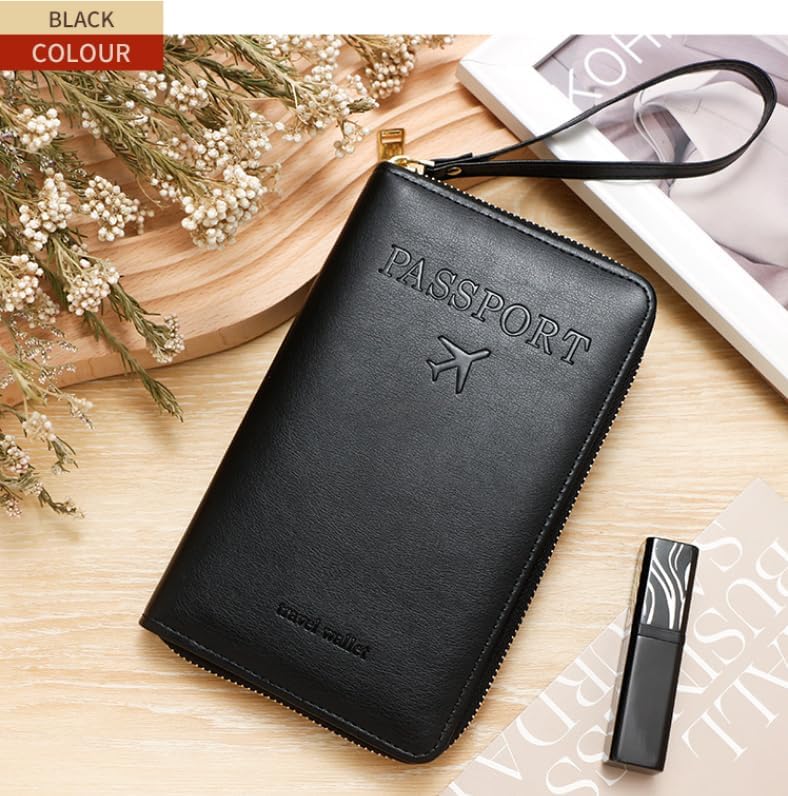 RFID Passport Wallet for Women & Men, Leather Zipper Travel Organizer with Waterproof Design (Black)