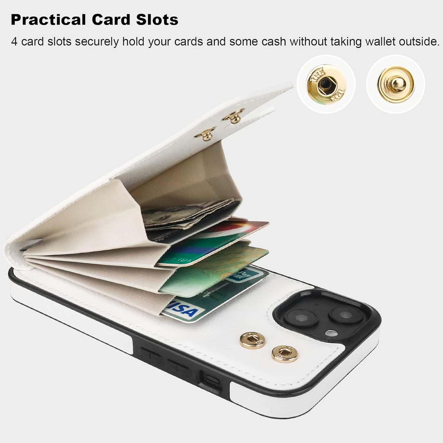 Folosu Compatible with iPhone 14 Plus Case Wallet with Card Holder, 360°Rotation Finger Ring Holder Kickstand, RFID Blocking Leather Protective Double Buttons Shockproof Cover 6.7 Inch White