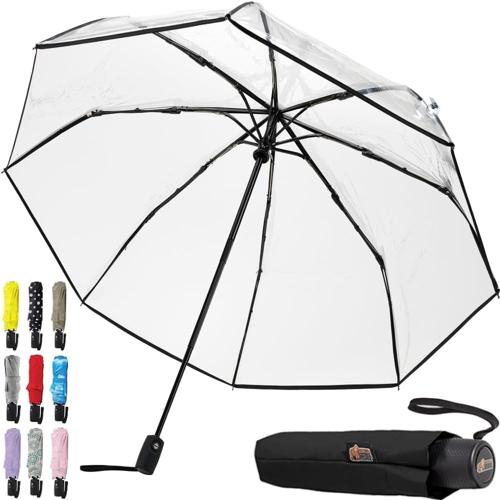 GORILLA GRIP Strong Windproof Stick Compact Umbrella for Rain, One-Click Automatic Open and Close, Durable Quick Dry Waterproof Material, Lightweight and Portable, Travel Size Fits Backpack, Clear