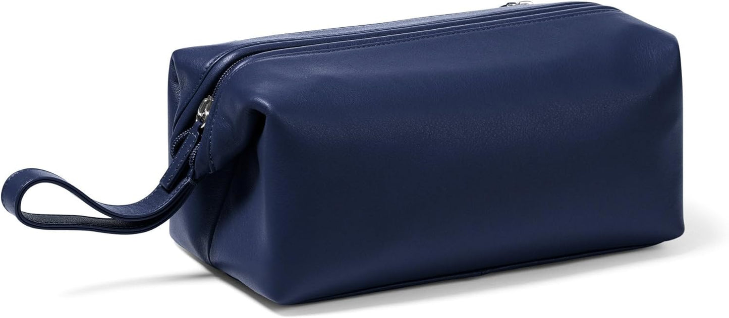 Leatherology Navy Blue Framed Toiletry Bag – Full Grain Leather Dopp Kit for Men with Wide-Mouth