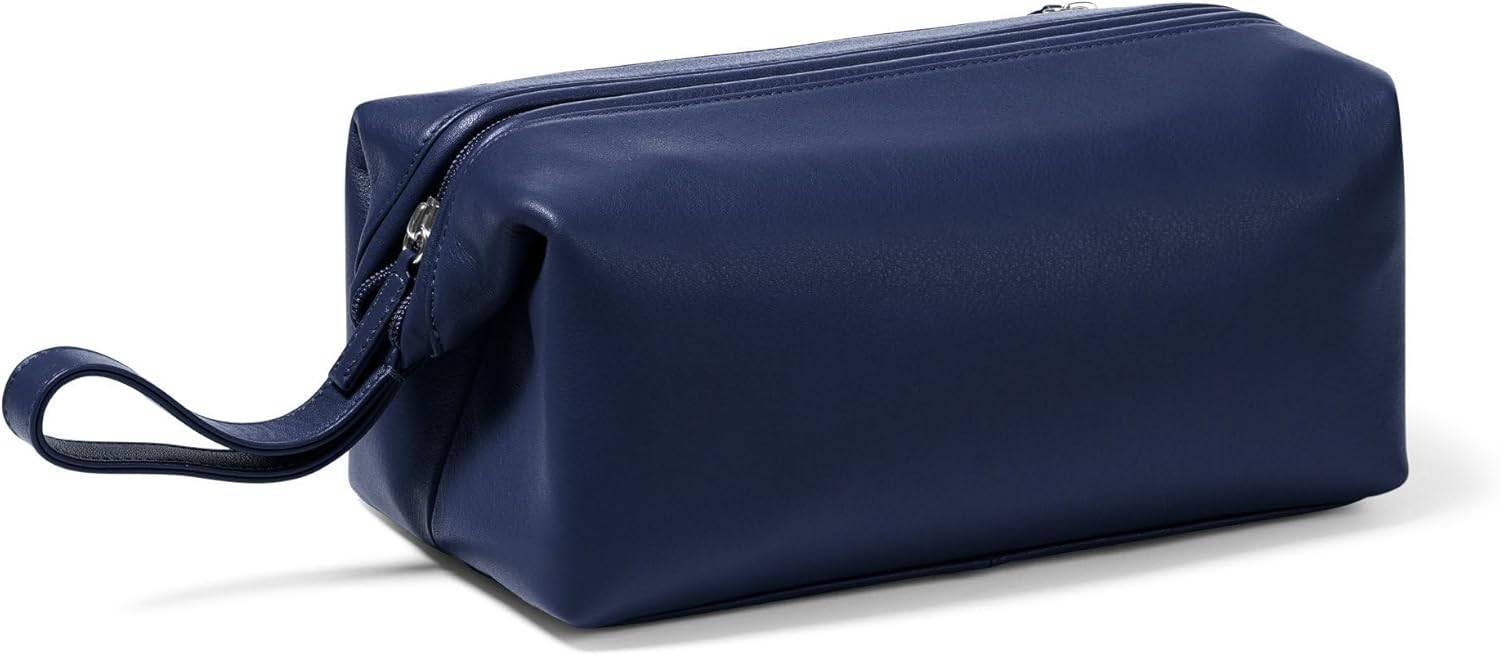 Leatherology Navy Blue Framed Toiletry Bag – Full Grain Leather Dopp Kit for Men with Wide-Mouth