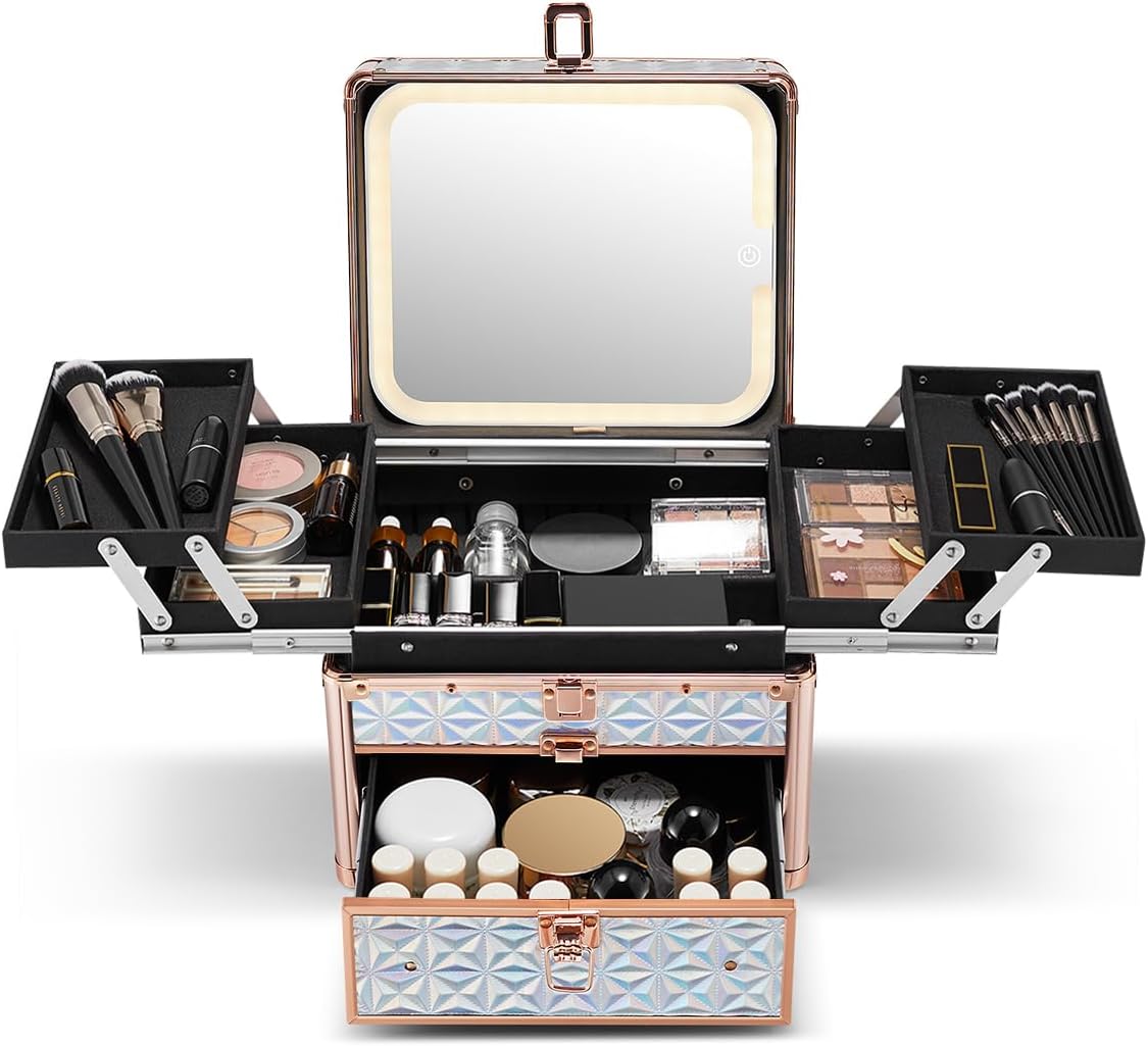 Qislee Makeup Box with Drawer and Four Trays, A Detachable Lighted Mirror, Waterproof Travel Train Case, Cosmetic Organizer and Makeup Suitcase with Magnetic LED Mirror(Sparkling Blue)