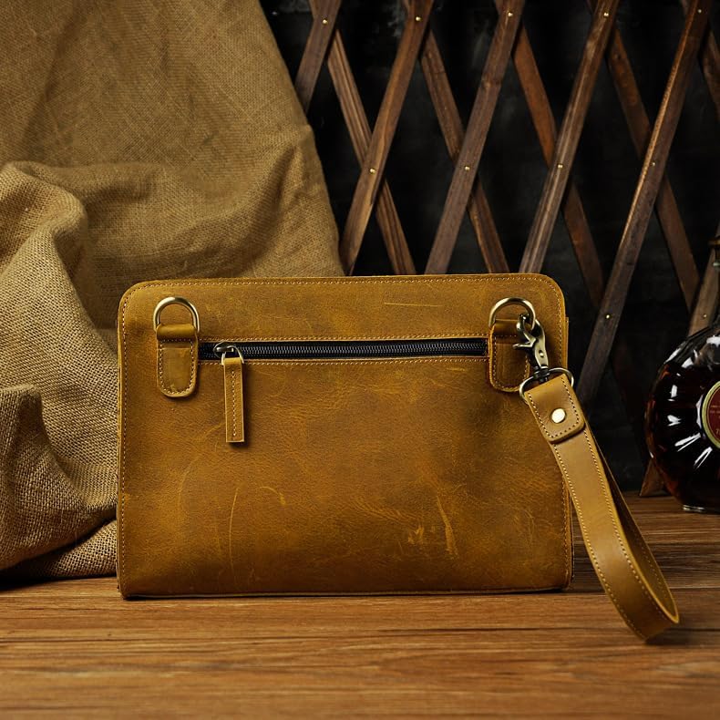 Vintage Crazy Horse Leather Business Briefcase - Under Arm Clutch Bag with Tablet Case & Organizer