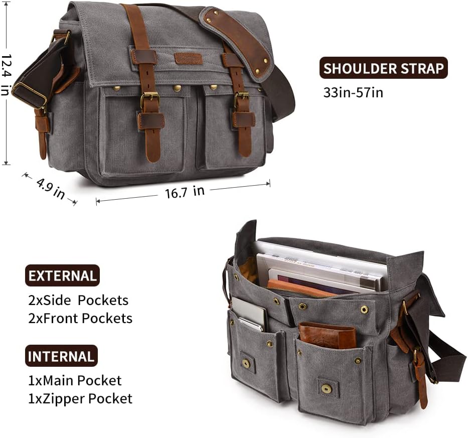 Kattee Military Messenger Bag Canvas Leather Shoulder Bag