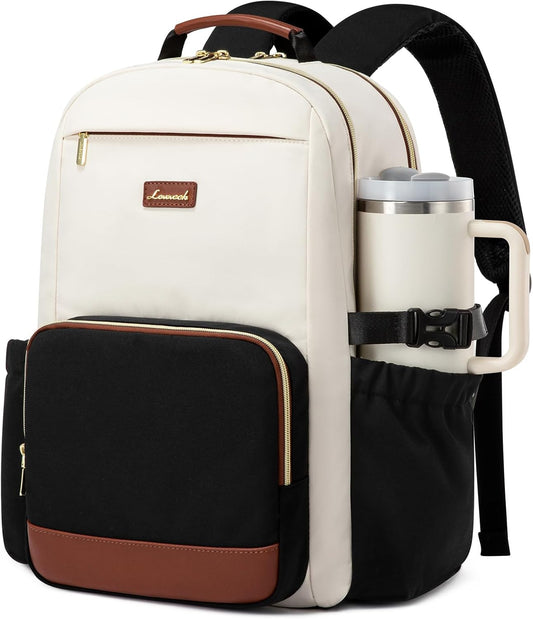 LOVEVOOK Laptop Backpack for Women with Pouch Pocket for Large Capacity Cup,17 Inch Laptop Computer Bag Travel Backpack Purse,Waterproof Work Business Backpack College Teacher Bags,Beige-Black-Brown