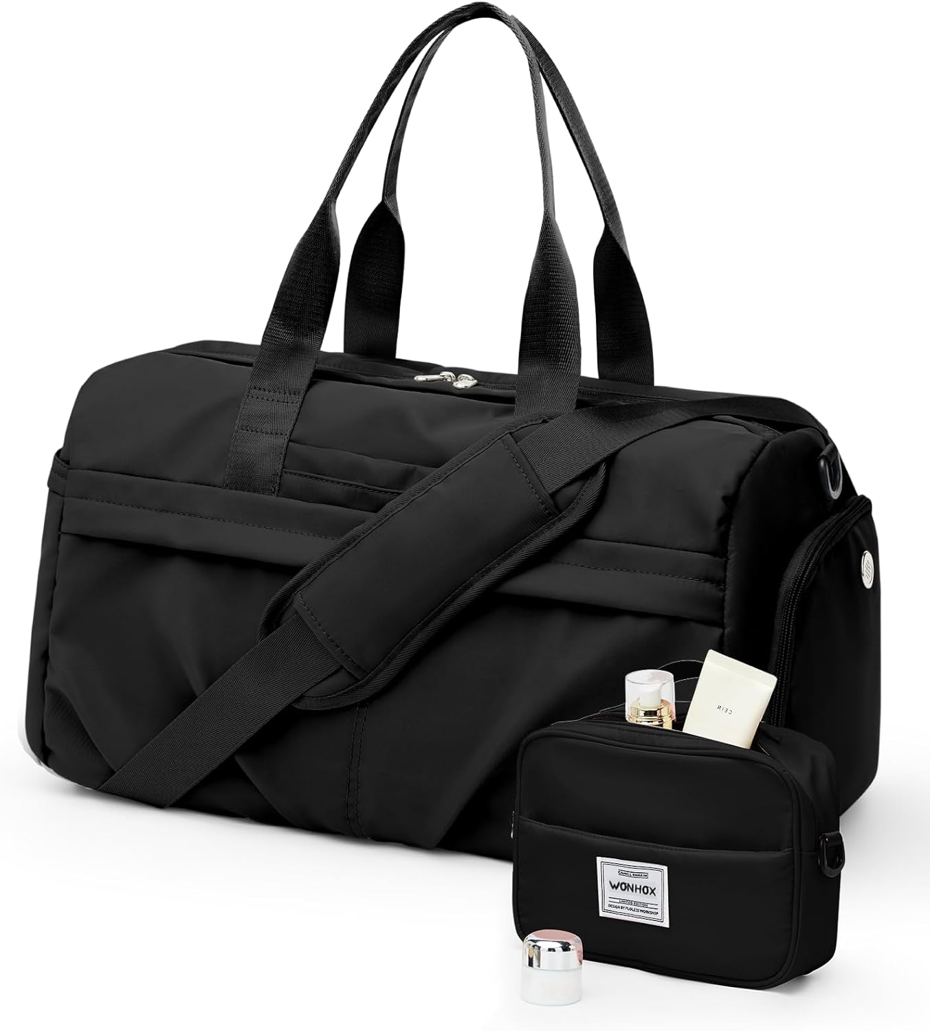 Gym Bag for Women Men, Sport Duffel Bag with Toiletry Bag & Shoe Compartment,Waterproof Travel Weekender Overnight Carry on Bag for Yoga with Trolley Sleeve, Black Set