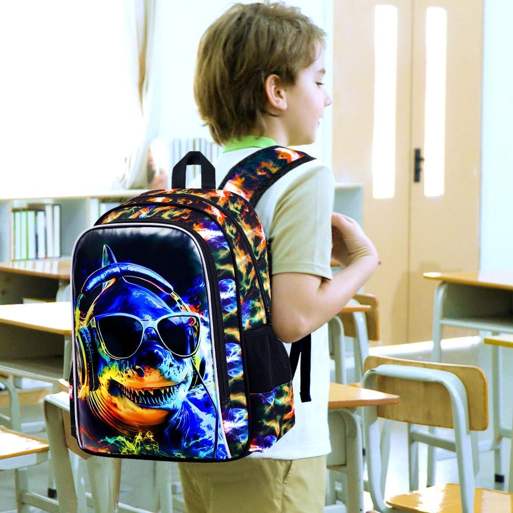3PCS Boys Shark Backpack, Water Resistant Kids Bookbag with Lunch Box, 17" School Bag Set for Teenagers Middle Elementary - Sunglasses Shark