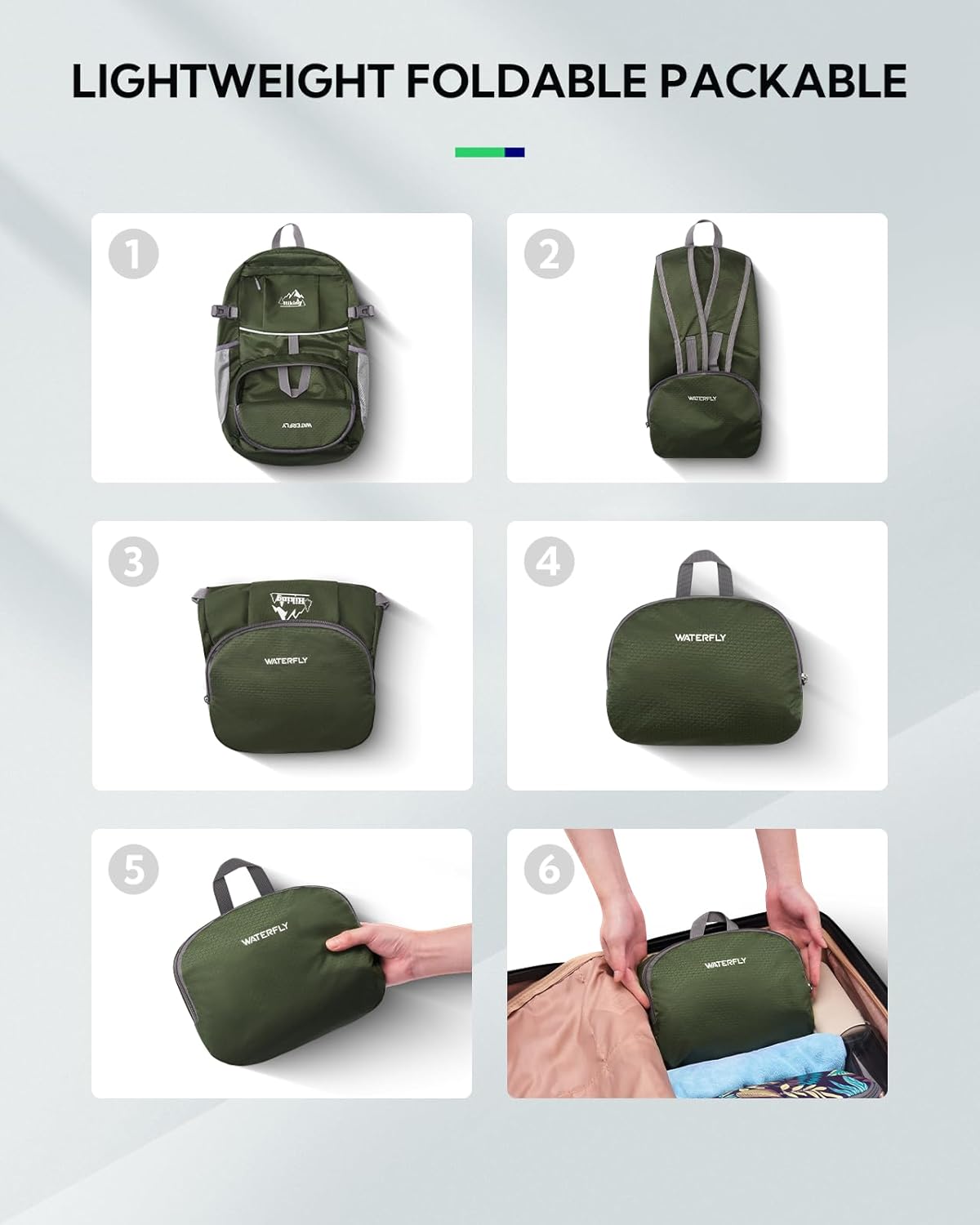 WATERFLY Hiking Packable Daypack Backpack: 25L Ultra Lightweight Day Pack for Woman Man - Small Compact Folding Back Pack for Outdoor Sport Cycling Camping Travel Trip - Green
