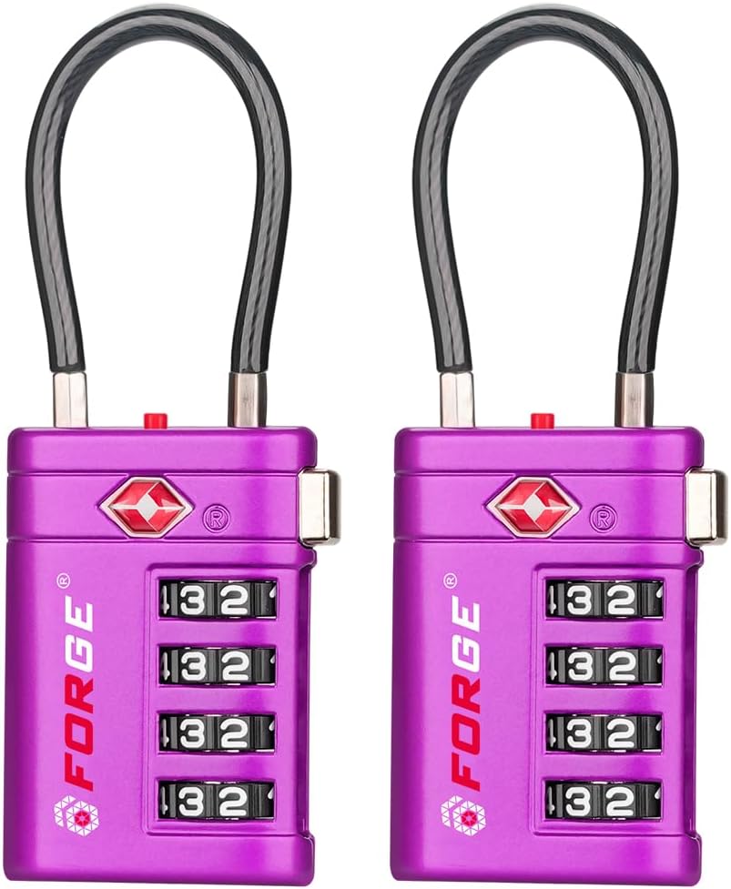Forge TSA Approved Luggage Locks 4 Digit Combination TSA Travel Locks with TSA008, Open Alert Indicator, Zinc Alloy Body for Luggage, Suitcase, Backpack, and More. Purple 2 Locks.