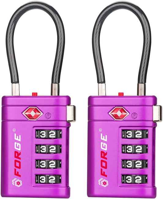 Forge TSA Approved Luggage Locks 4 Digit Combination TSA Travel Locks with TSA008, Open Alert Indicator, Zinc Alloy Body for Luggage, Suitcase, Backpack, and More. Purple 2 Locks.