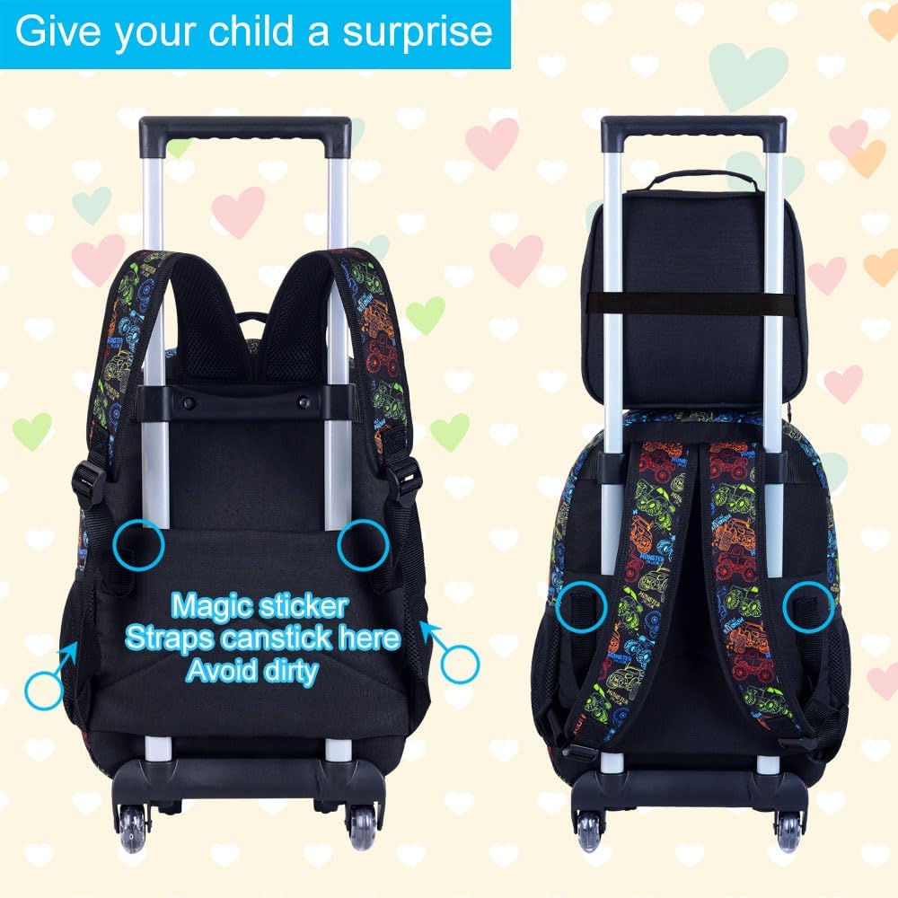 3PCS Rolling Backpack for Girls and Boys, Kids Roller Wheels Bookbag, Wheeled Elementary School Bag with Lunch Bag