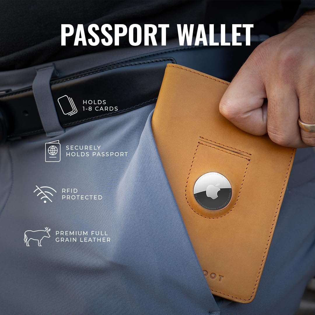 Kings Loot Passport Holder Wallet – RFID Blocking Leather Travel Wallet with Built-in Airtag Holder – Holds 1-6 Cards & Passport – Easy Pull Tab – Slim & Stylish Wallets (Cognac)