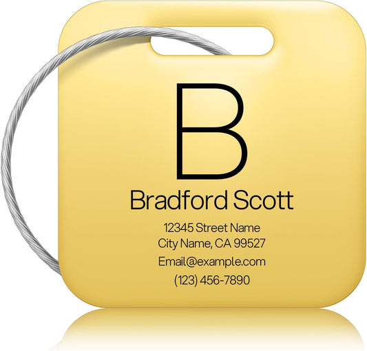 Initial Personalized Luggage Tags for Suitcases - Laser Engraved Stainless Steel Custom Name ID Tag for Backpack and Bag Kids, Women - Metal Baggage Tags Travel Essentials Accessories(Square-Gold)