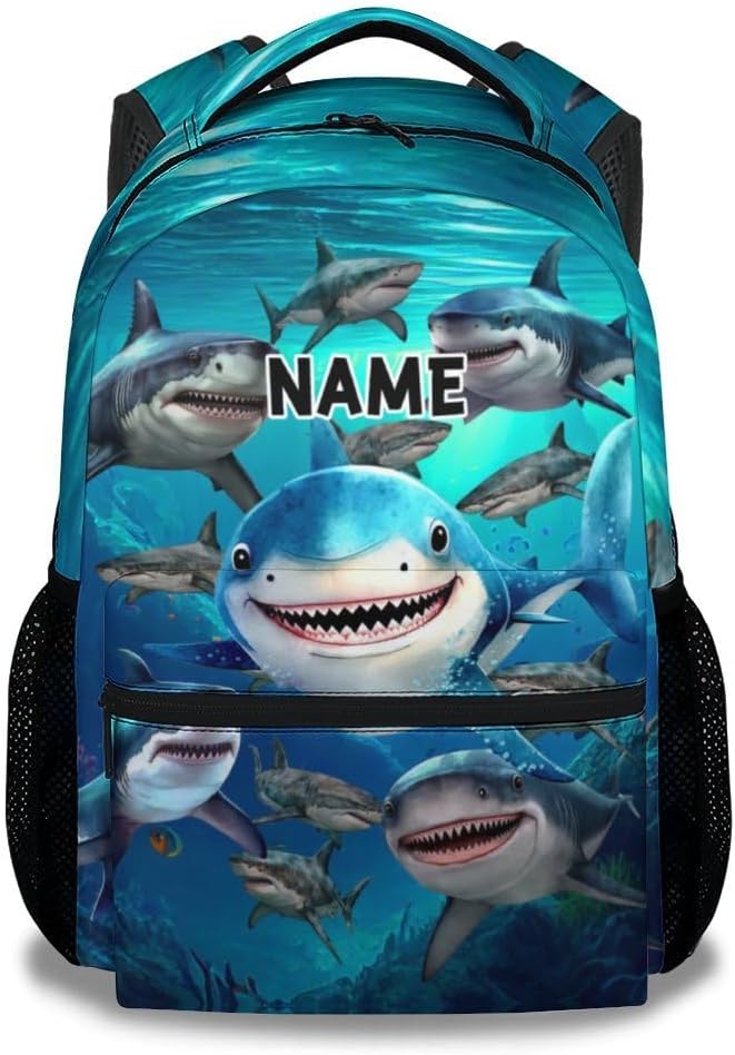 Custom Shark Backpacks for Boys, Large Capacity Backpack for School, Cute Blue Lightweight Bookbag for Kids