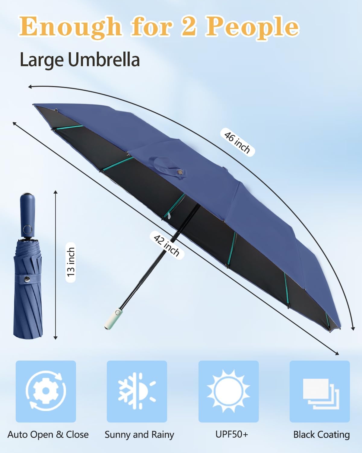 Large Double-Ribs Umbrella Automatic Folding Umbrella for Women Men, Travel, UPF 50+ UV Protection,46-Inch, 12 Ribs, Light Green