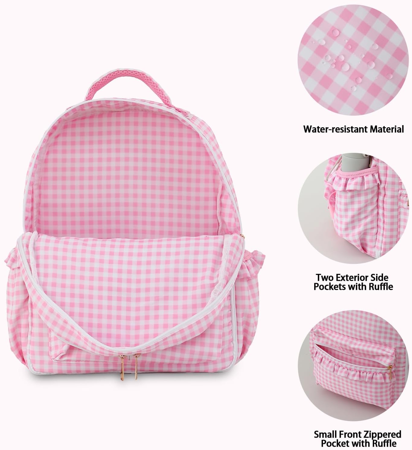 DYSHAYEN Kids Backpack for Girls, 15" Ruffled Backpack for School Kindergarten Bookbag 5-8, Fully Opened Compartment (Pink Gingham)