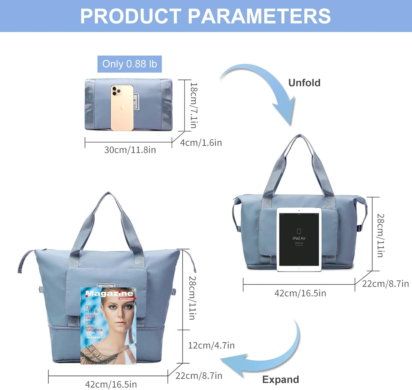 Large Capacity Folding Travel Tote Bag, Oxford Fabric Waterproof Lightweight Foldable Travel Duffel Bag, Portable Expandable Travel Bag, Dry and Wet Separation Carry On Bag for Airplanes