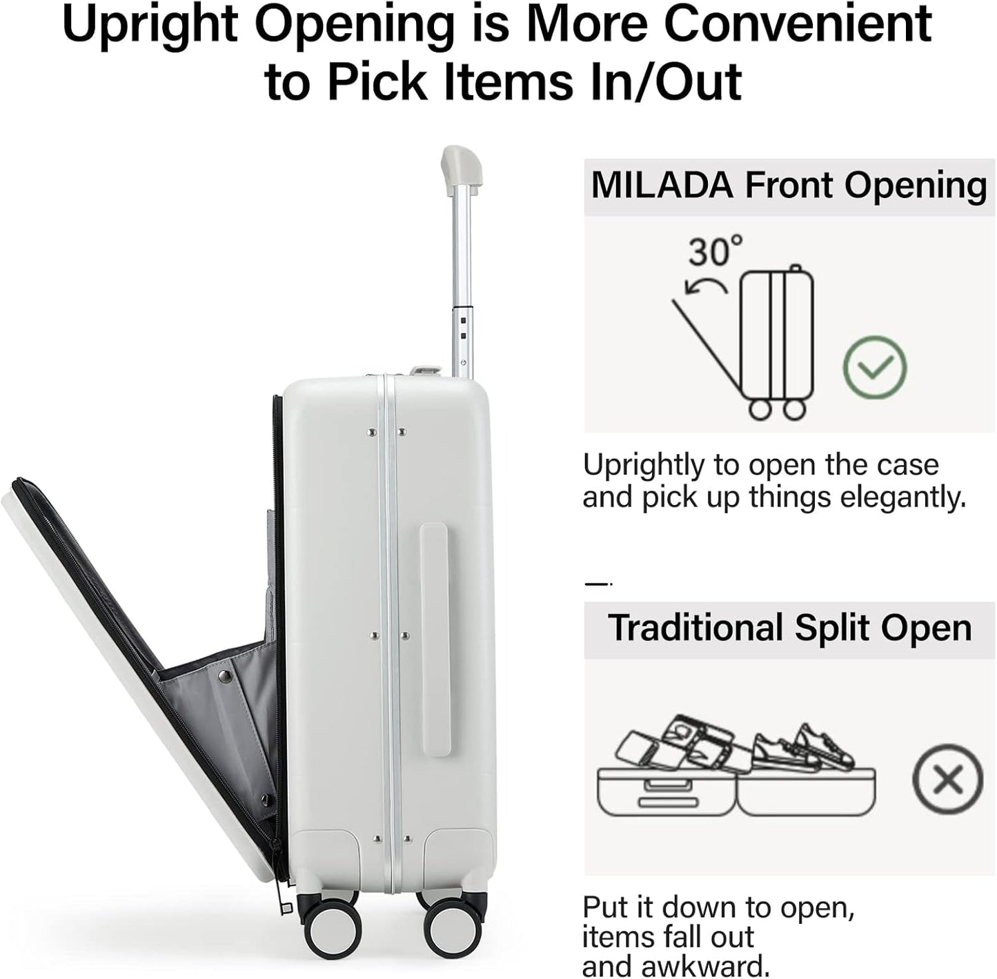 MILADA Carry On Luggage 22x14x9 Airline Approved Spinner Wheels TSA Luggage 20 Inch Hard Shell Suitcases Front Opening Pocket Rolling Aluminum Frame Travel Luggage,Smoke White