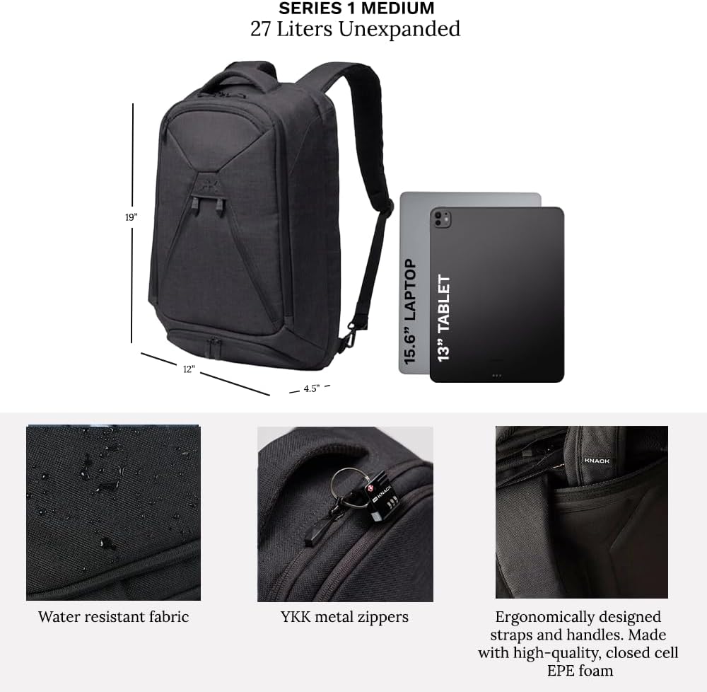 Knack Series 1 Laptop Backpack Fits up to 15 Inch - Knack Bags Carry-On Backpack, TSA Approved, Expandable Travel Backpacks With 3 Day Outfit Capacity (Stealth Black, Medium)