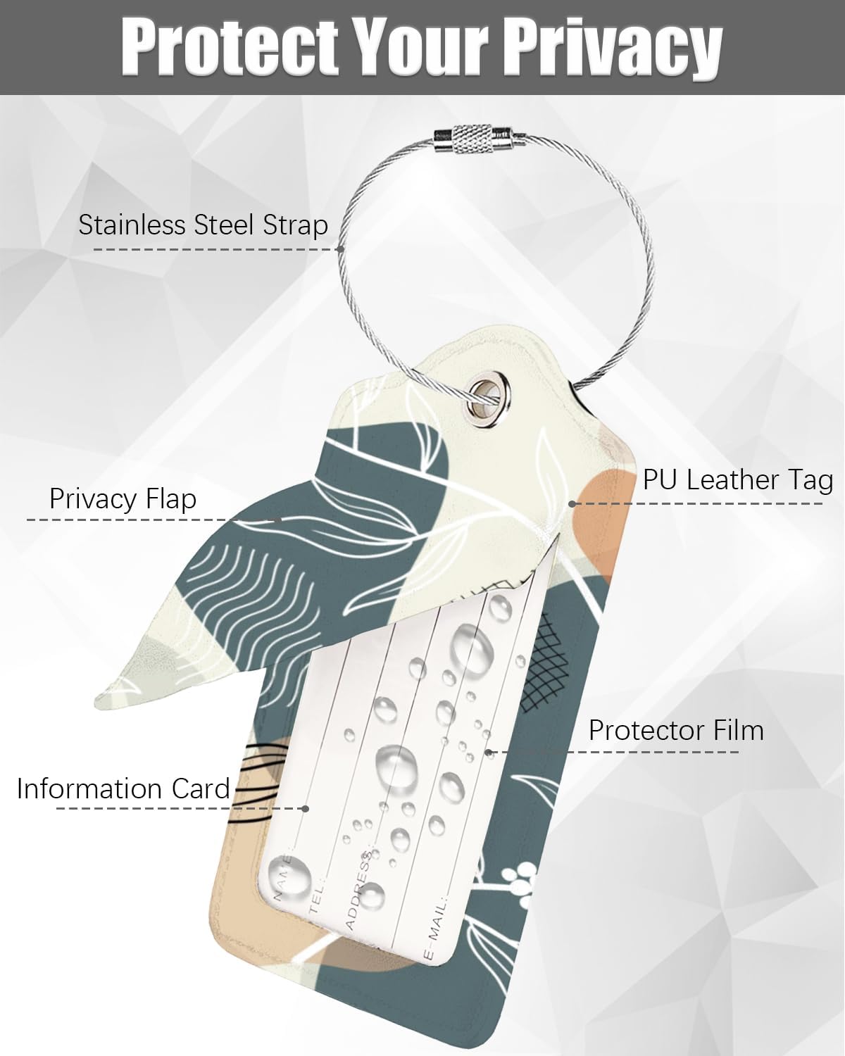 2 Pack Luggage Tags for Suitcase, Leather Suitcase Tags Cruise Ship with Privacy Cover and Double Metal Loop for Women Men Girls Boys Travel Baggage Bag Backpack Tags，Boho Leaves