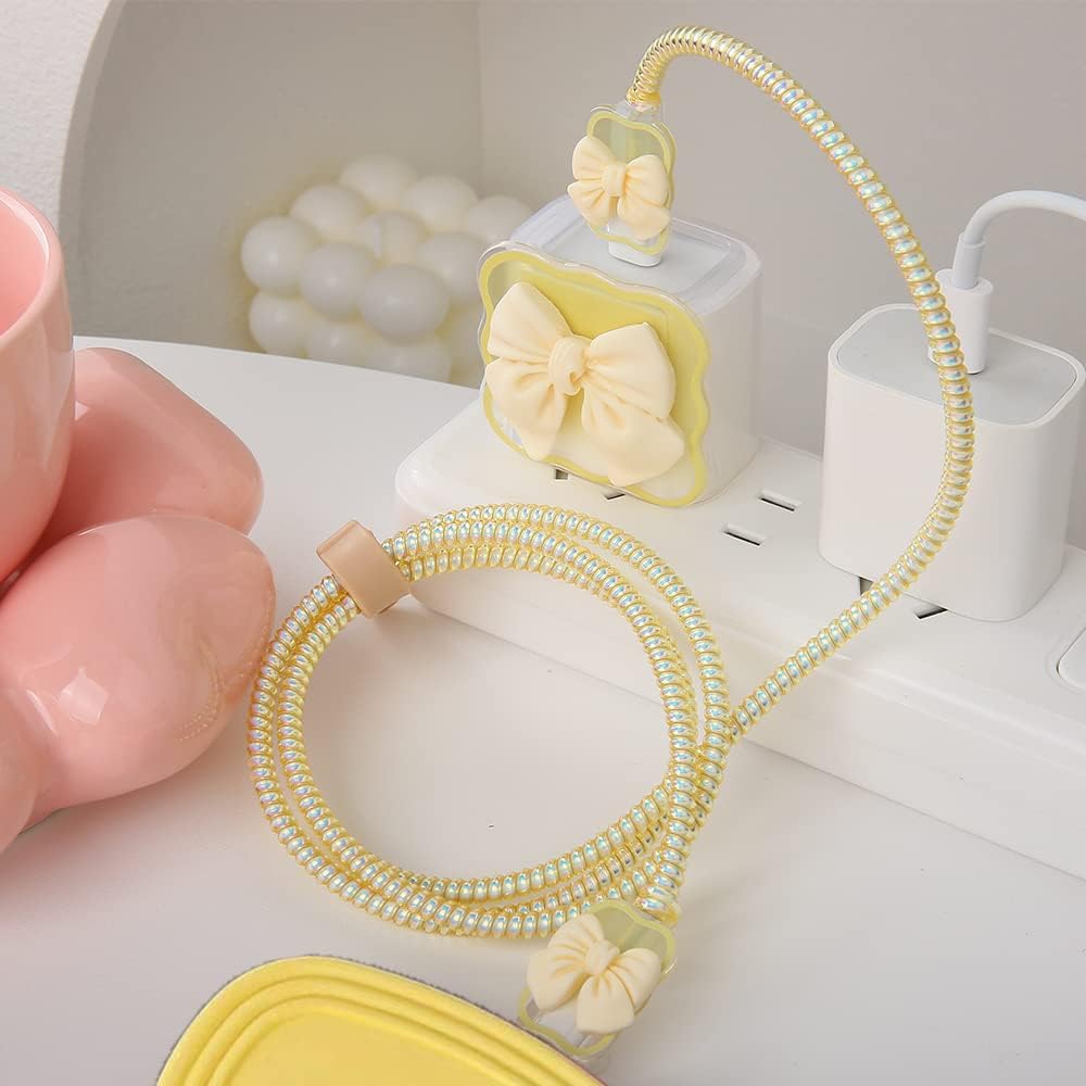 Compatible with iPhone 18W/20W USB-C Charger Cover Cute 3D Bow Tie Design Clear Soft Charger Protector Kawaii Cable Saver for iPhone 11 12 13 14 Pro Max Fast Power Adapter, Beige 2 (5in1)