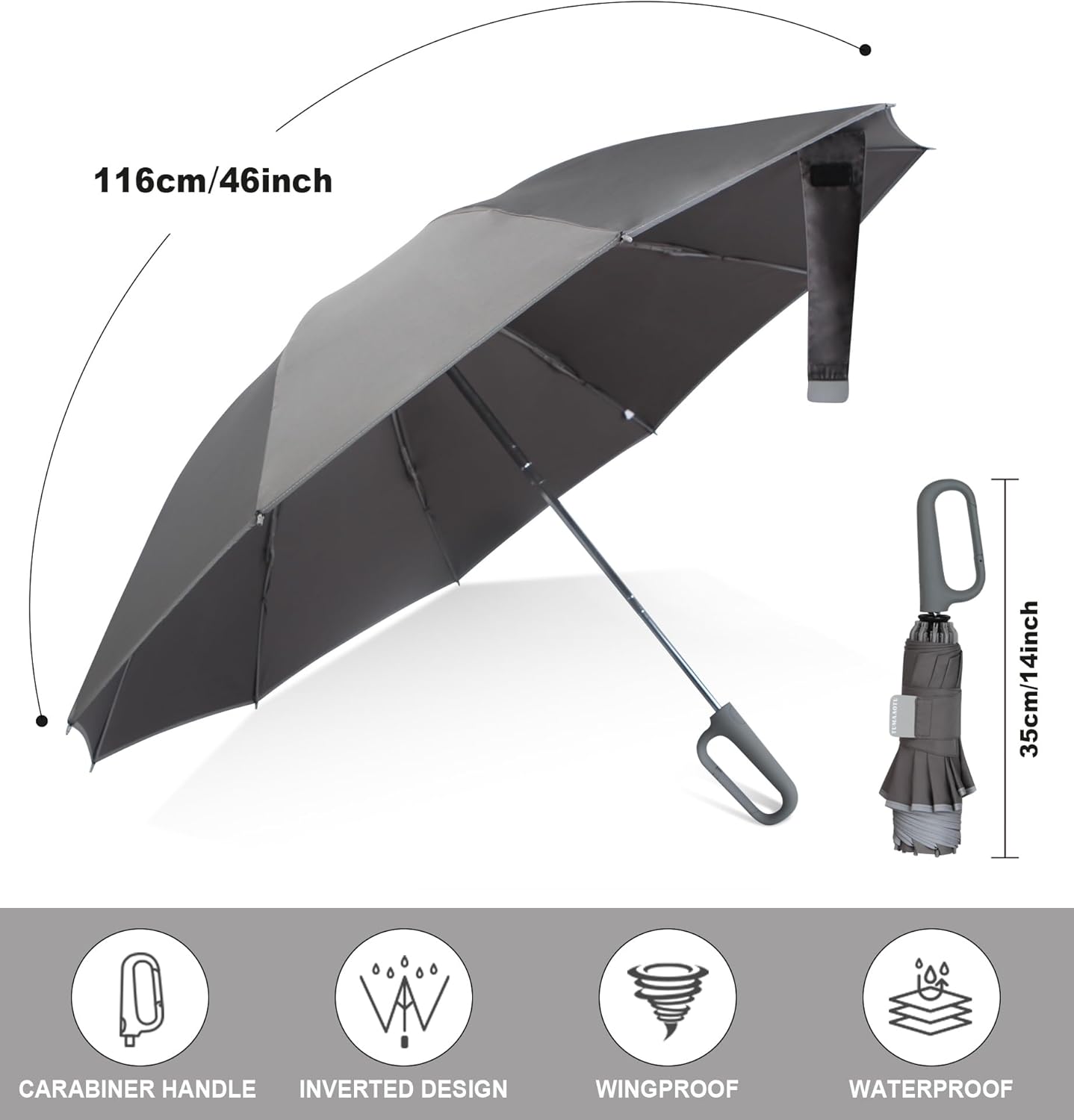 QWB TUMAAOTU Inverted Umbrella with Carabiner Handle, Wind Proof Umbrellas For Rain and Sun, 46 Inch Portable Reverse Folding UV Umbrella, Car Umbrella for Women Men, 10 Ribs