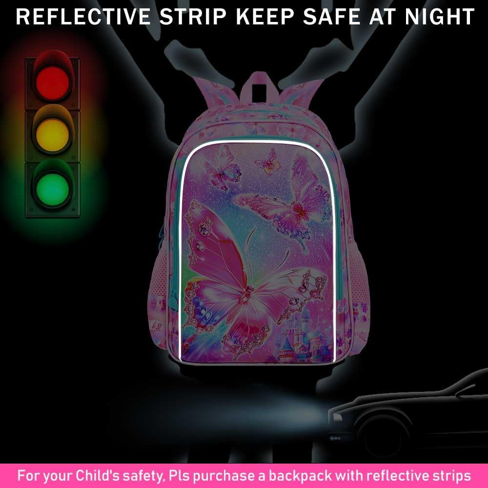 KLFVB 3PCS Butterfly Backpack for Girls, Water Resistant Kids Bookbag with Lunch Box, 16" Preschool Backpacks for Elementary - Butterfly Pink