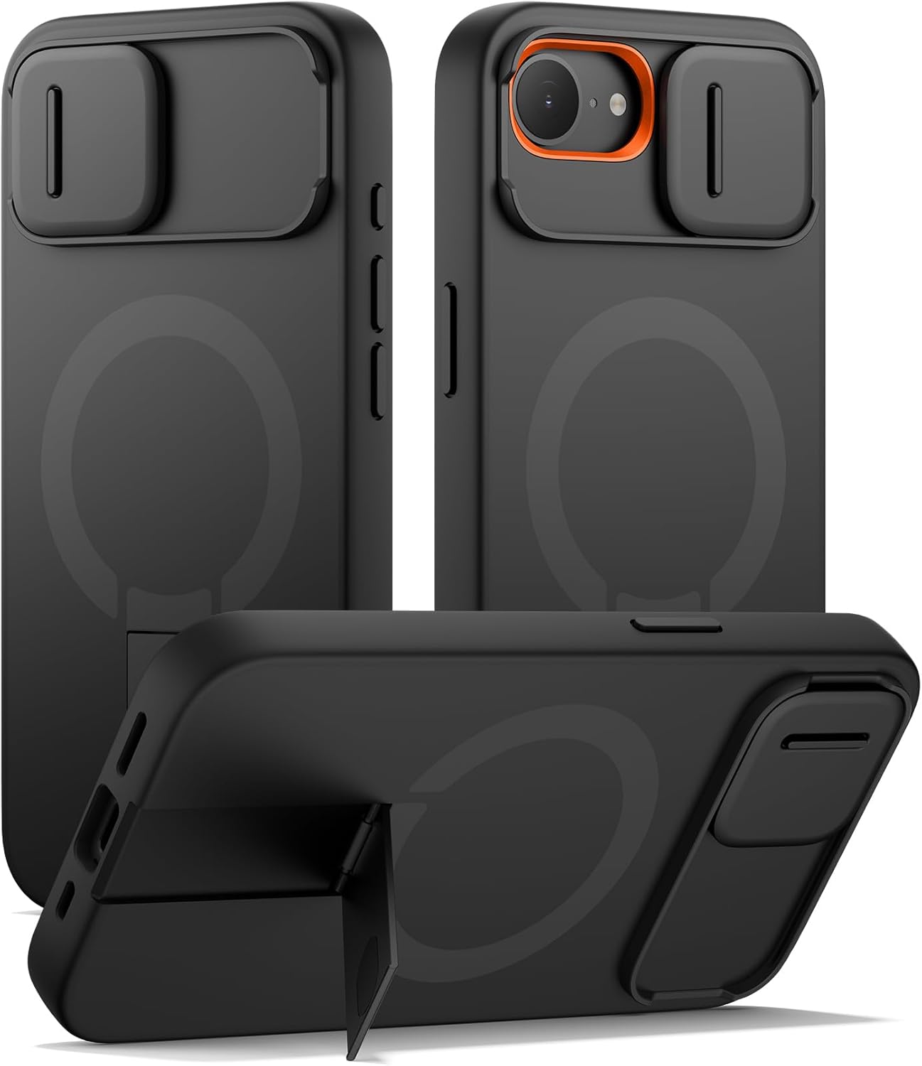 SURITCH for iPhone 16e Case with Magnetic Camera Slide Cover and Adjustable Kickstand, Compatible with MagSafe, Shockproof Bumper Case Slim Protective Cover 6.1 Inch,Black