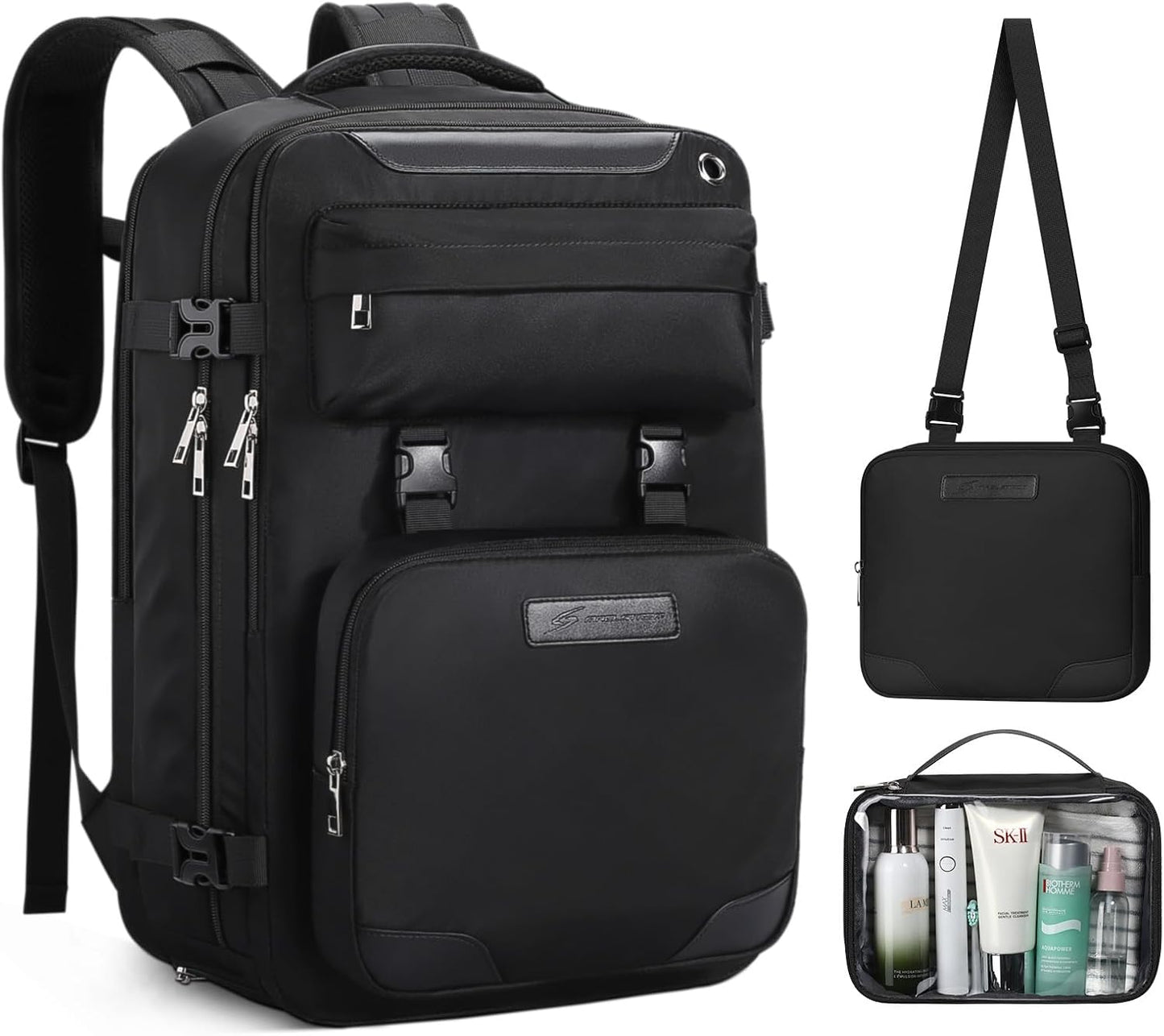 Maelstrom Travel Backpack for Women Men,35L Laptop Backpack Fits 17-Inch Laptop,Carry On Backpack for Airplanes with Crossbody Bag&Shoe Compartment&Toiletry Bag (Black With Toiletry Bag, Large)