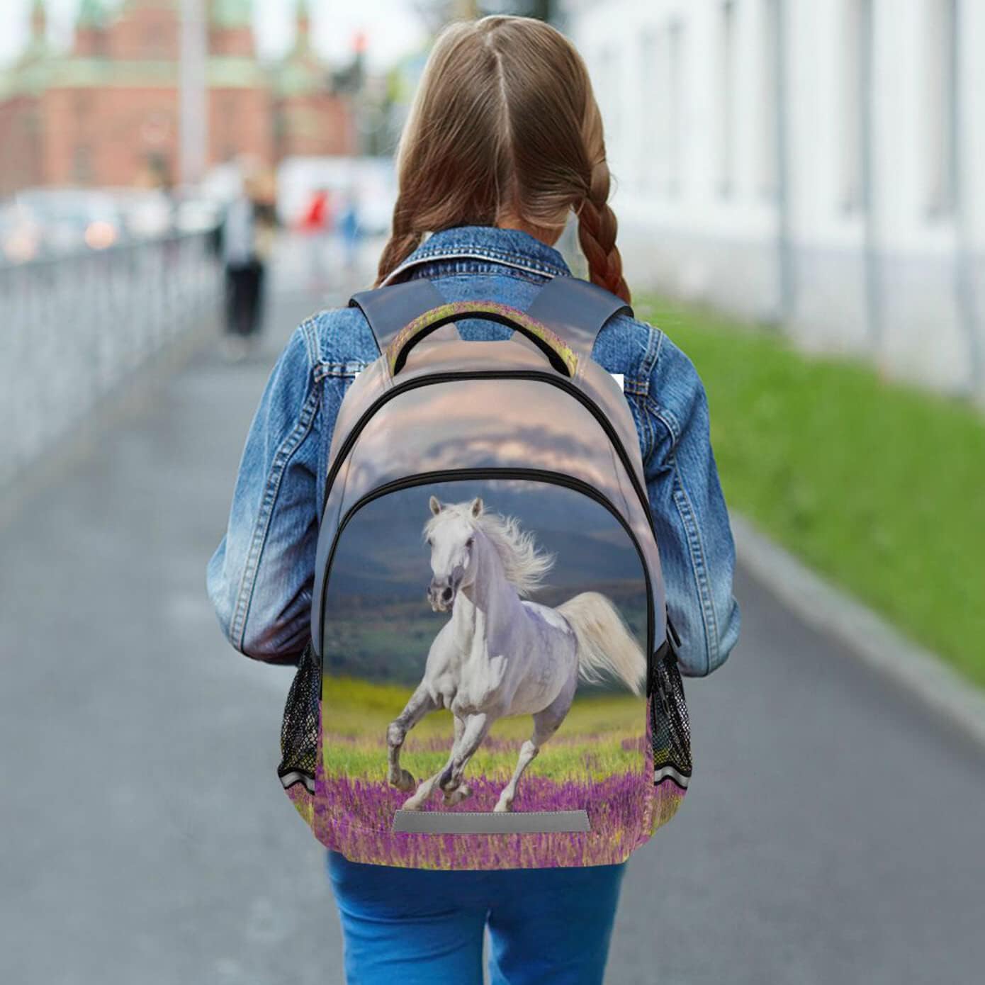 Horse Kids Backpack Girls Bookbag Lavender Flower Elementary School Bag for Boys Travel Rucksack