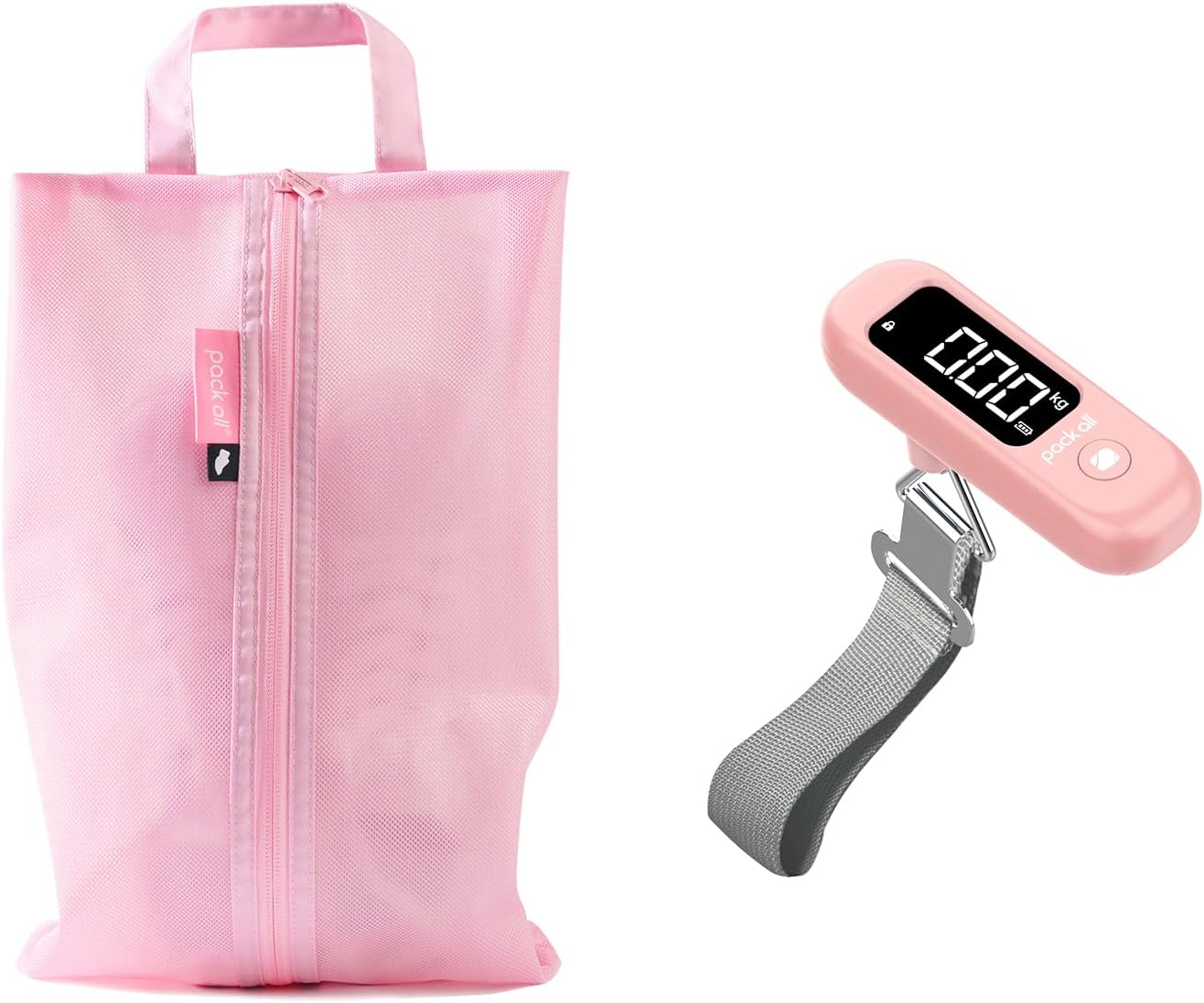pack all Travel Accessories Bundle | 1 Shoe Bag (Pink) & 1-110 Lbs Luggage Scale (Pink)