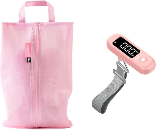 pack all Travel Accessories Bundle | 1 Shoe Bag (Pink) & 1-110 Lbs Luggage Scale (Pink)