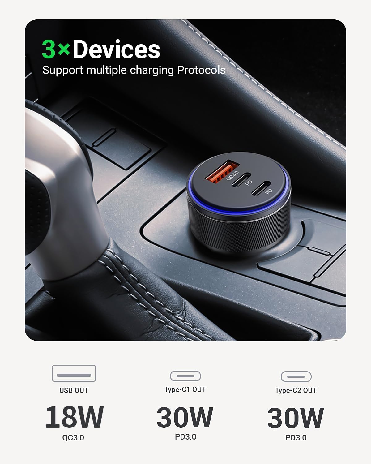 USB-C Car Charger, 3-Port 90W Fast Car Charger, Dual USB-C & USB-A Car Power Adapter, PD3.0 & QC3.0 Fast Charging for iPhone 17/16/15/14/13Pro Max, iPad, MacBook and More