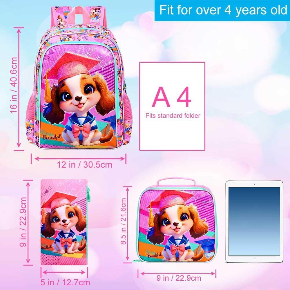 3PCS Girls Dog Backpack, 16" Kids Bookbag with Lunch Box, Kids Water Resistant Elementary Preschool Toddler School Bag - Pink Dr. Dog