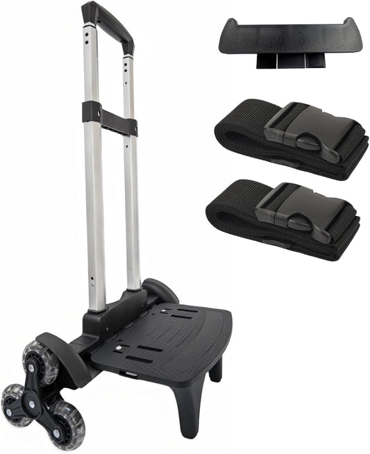 Lightweight Foldable Backpack Trolley – Black 3-Wheel Rolling Hand Truck with Strap, Portable Folding Cart for Backpack, Travel, Commuting, and Daily Utility Use