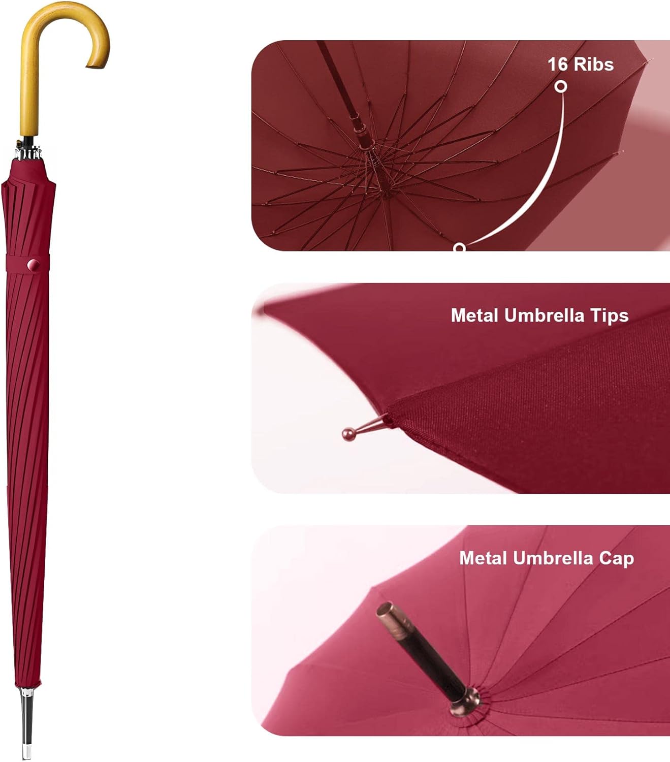 MRTLLOA 52 Inch Windproof Large Umbrellas for Rain, 16 Ribs, J Wooden Handle, 210T High-density Fabric Golf Stick Umbrella