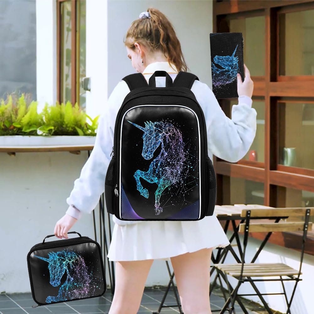 3PCS Unicorn Backpack, 17" Girls Bookbag with Lunch Box, Kids Water Resistant Middle Elementary