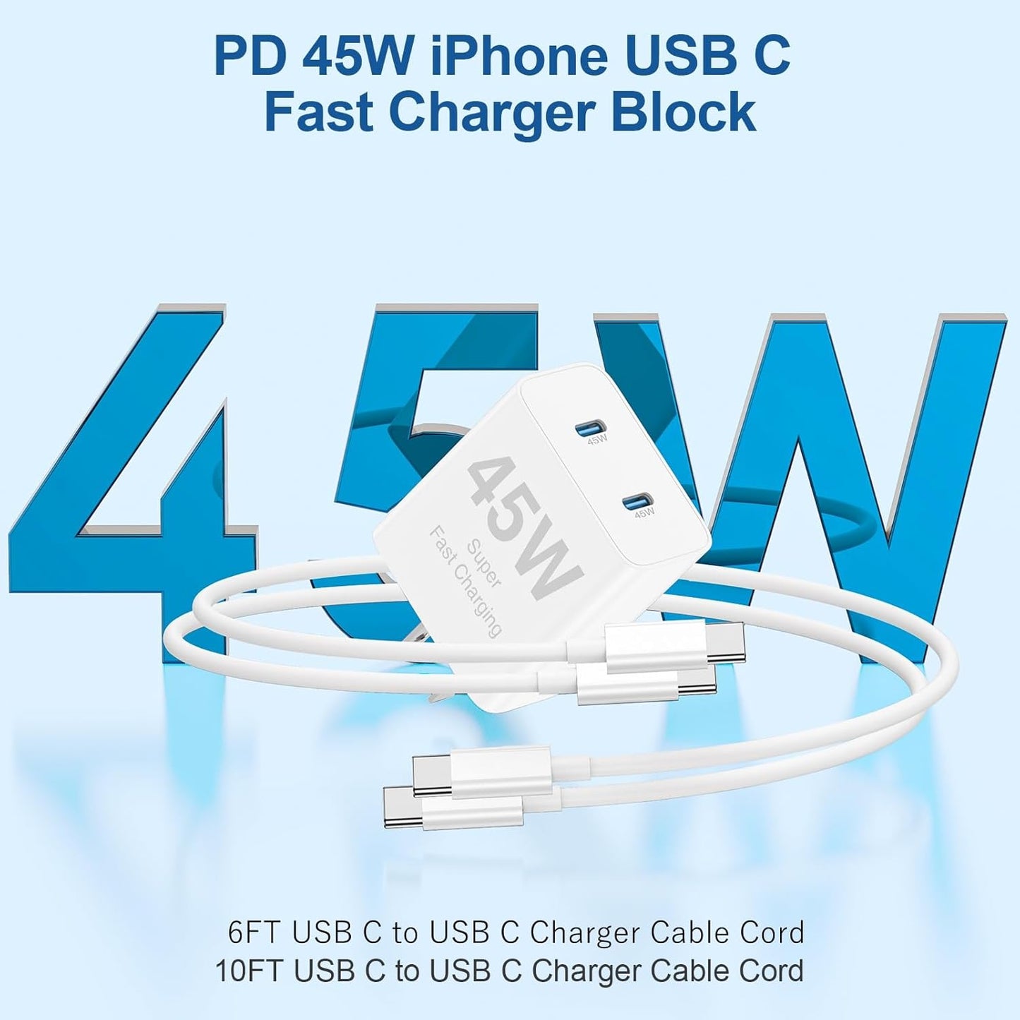 45W Dual Port iPhone 17 16 15 Charger Fast Charging and 6ft 10ft Type C to C Cable Cord Long, USB C Wall Block Plug for Apple iPhone 17 Pro Max/17 Air/16 Pro Max/16/15 Plus/15 Mini/iPad Cube Brick Box