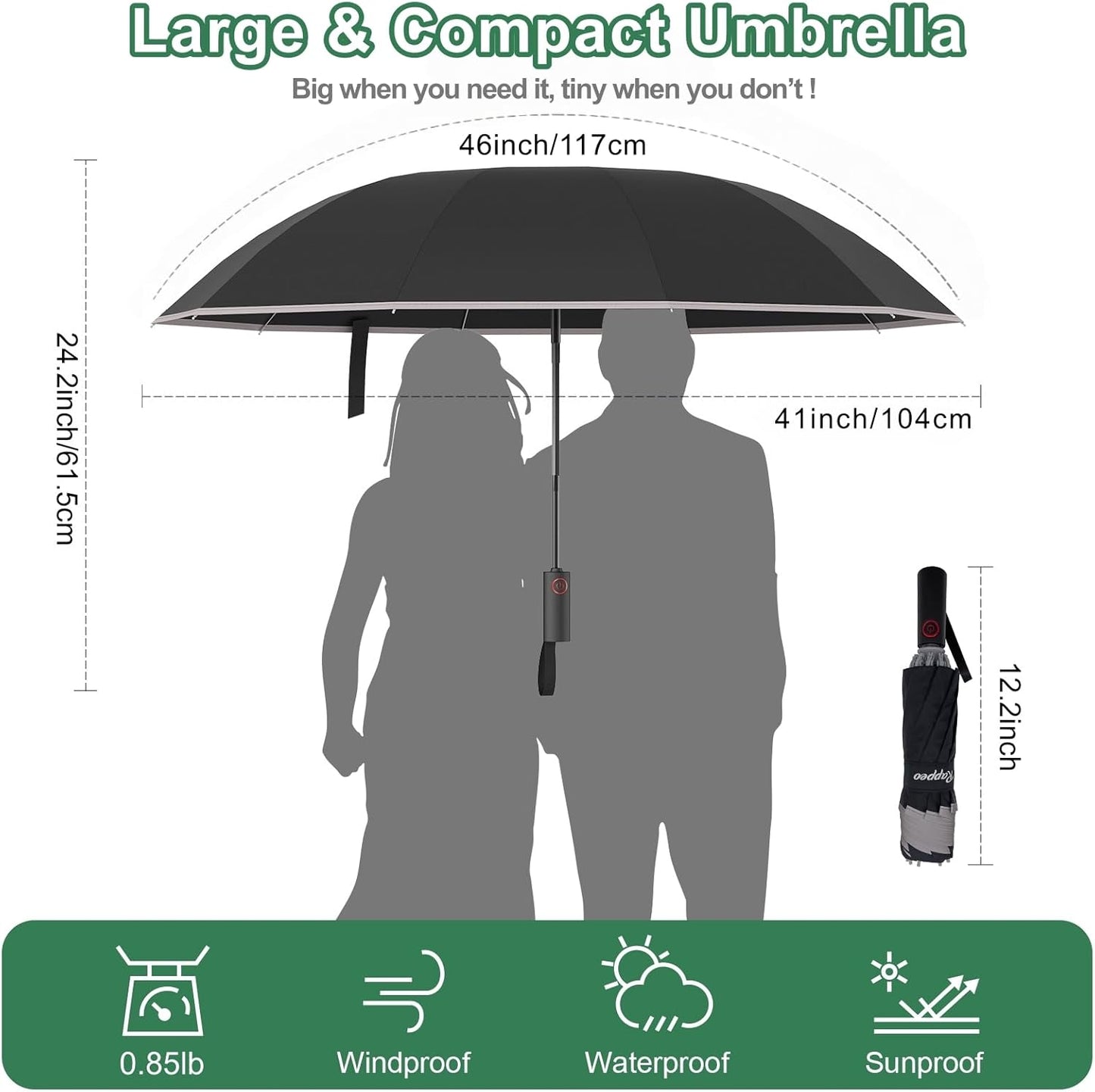 4-in-1 Inverted Travel Umbrella Compact, Automatic Large Umbrellas for Rain & Sun, Portable Windproof Umbrella for Backpack, Reverse Folding Umbrella for UV with Reflective Strips,Lightweight, Black