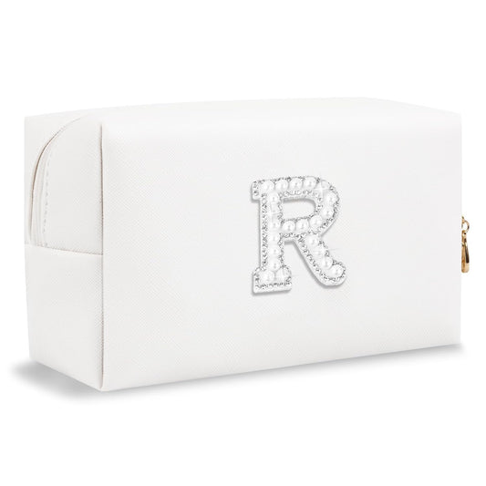 Bride Gifts – Personalized Initial Makeup Bag with Pearl Rhinestone Patch, Preppy White Monogram Cosmetic/Toiletry Pouch, bridesmaid Gifts, Bridal Shower Gifts, Wedding Gifts, Bridal Gifts,R